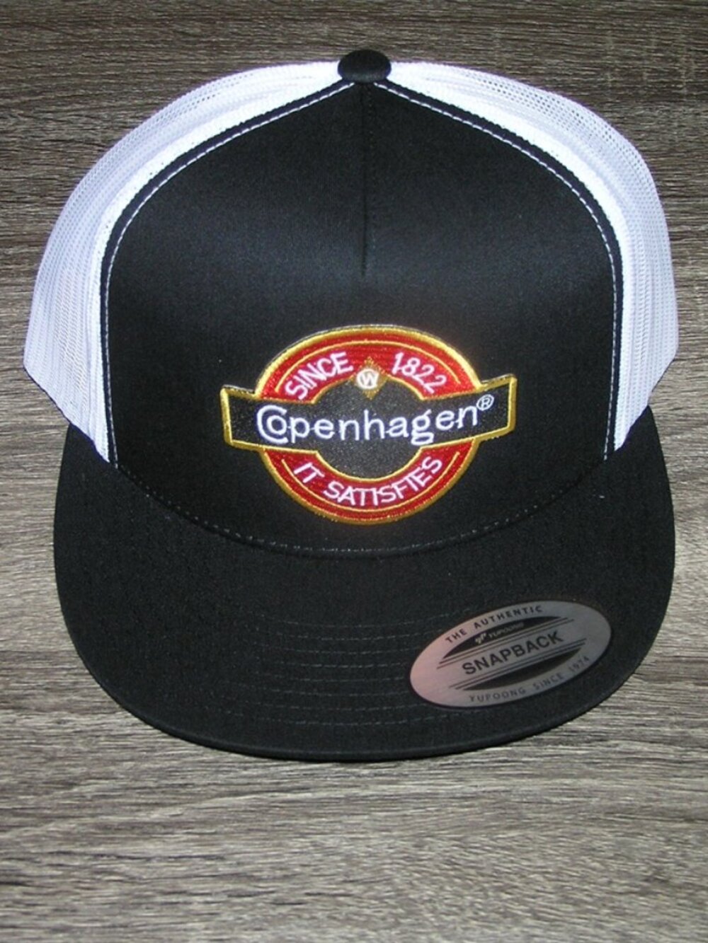 Copenhagen Retro Patch on Trucker Hat Yupoong Classic 6006 Snapback Black/White